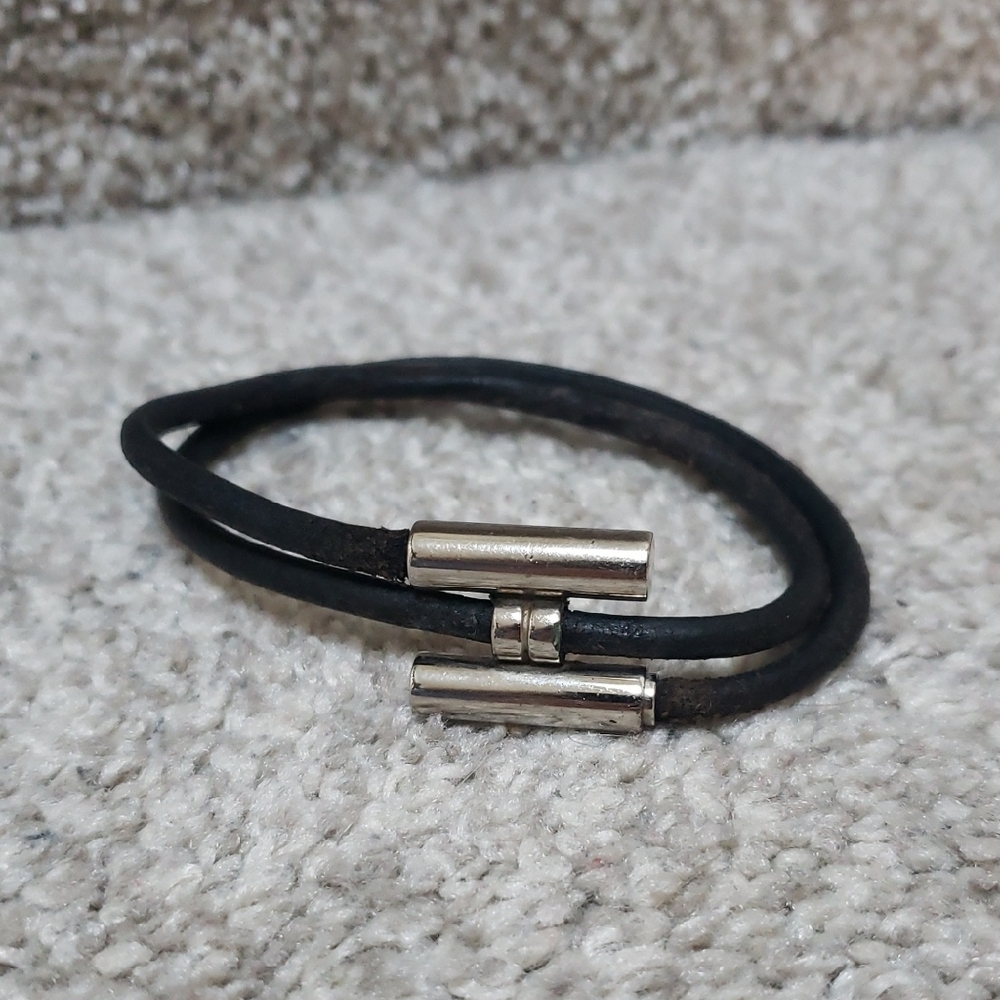 Hermes Double Wrap Black Leather Bracelet with Silver Clasp